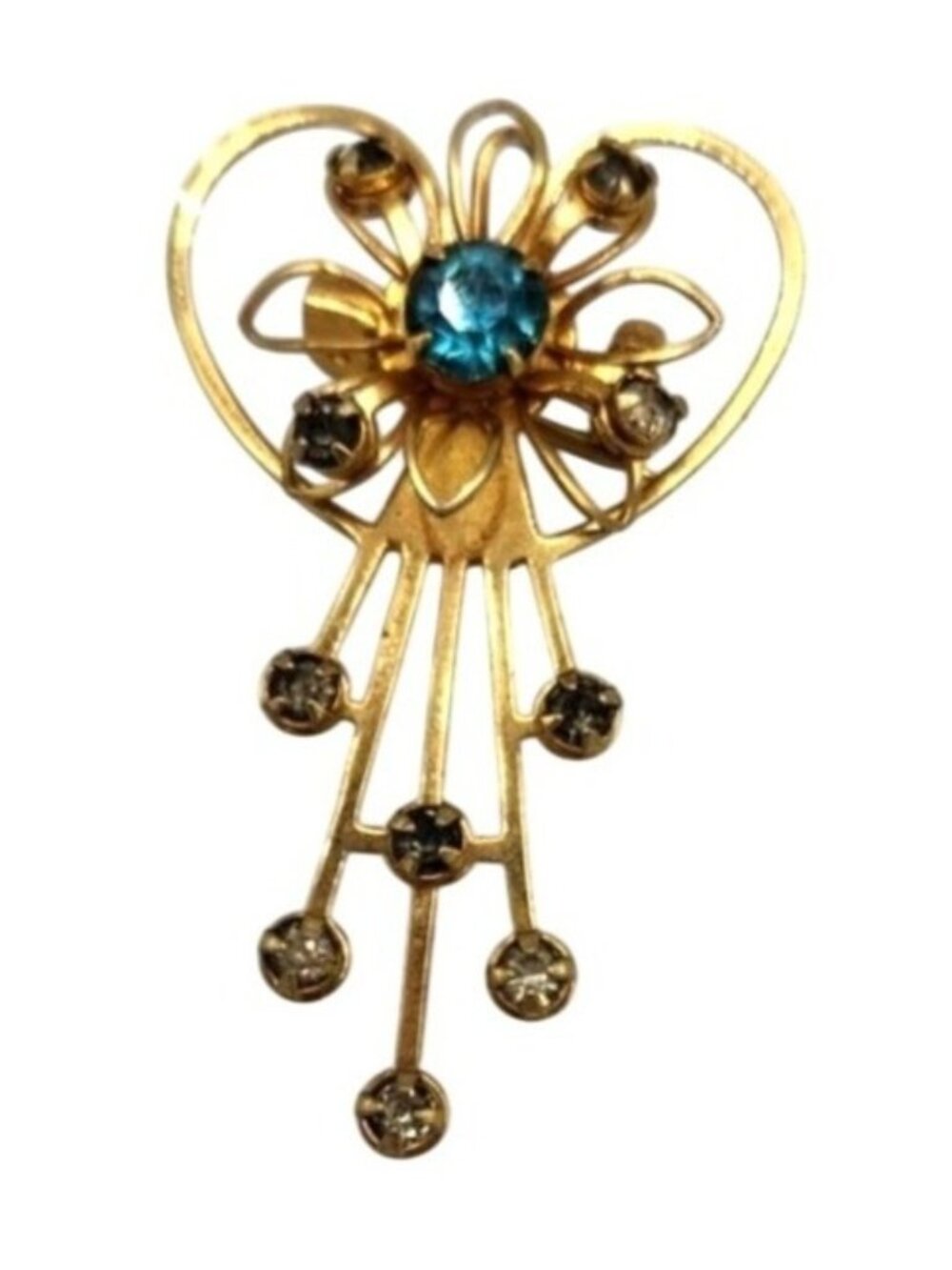 Vintage Gold-Tone Heart Brooch With Blue & Clear Rhinestones Retro Design
